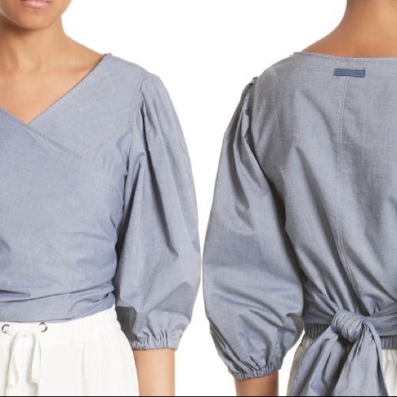 ELIZABETH AND JAMES FARRAH BLOUSON WRAP TOP CRISP STRETCH COTTON DENIM COLOR XS - Picture 5 of 12